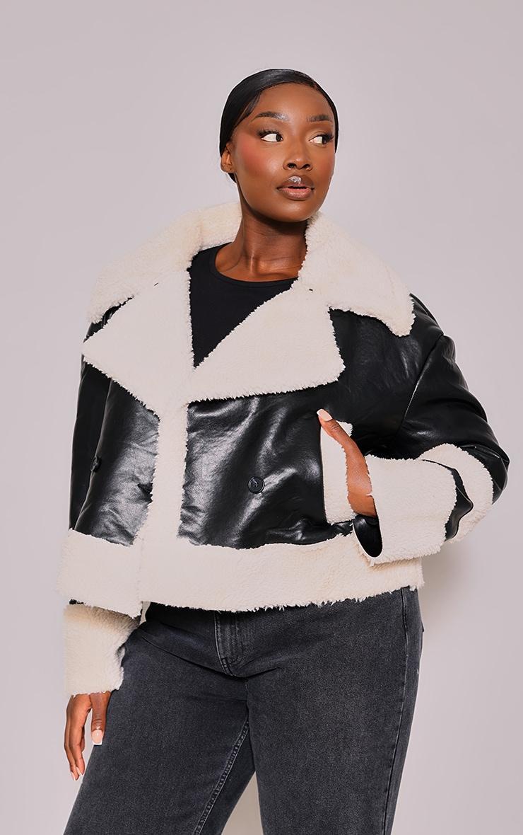 Plus Black Faux Leather Faux Fur Trim Coat Product Image