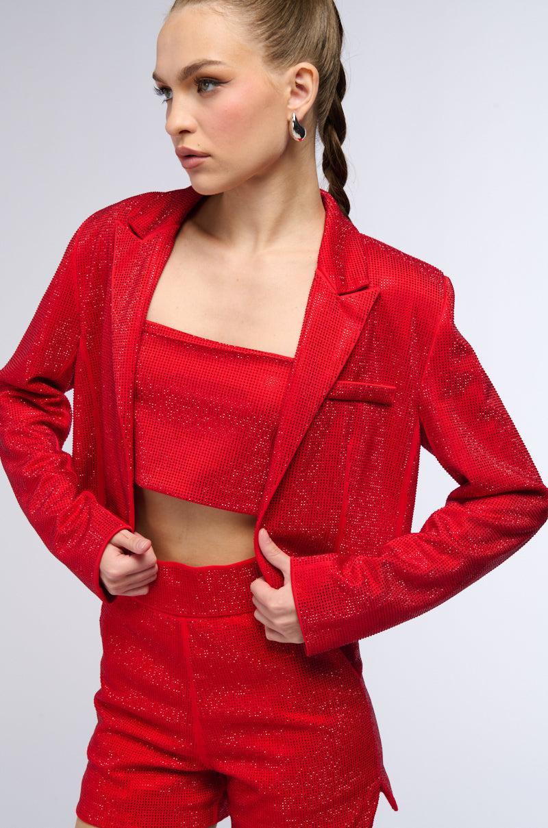 POP STAR HOT FIX RHINESTONE CROPPED BLAZER IN RED product image