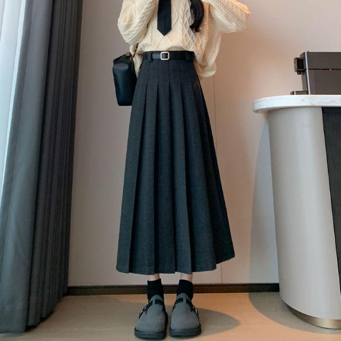 High Waist Plain Pleated Midi A-Line Skirt Product Image