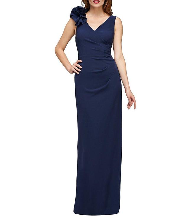 JS Collections Stretch Crepe Surplice V Neckline Sleeveless 3D Ruffle Shoulder Gown Product Image