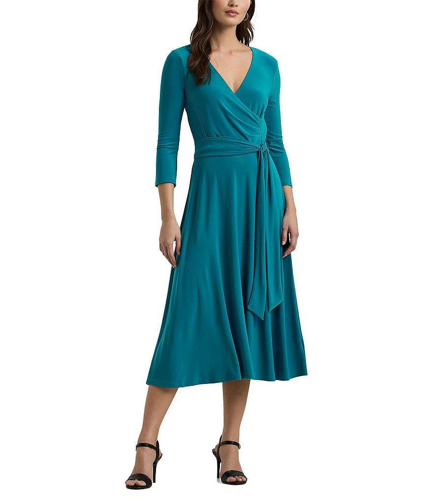 Lauren Ralph Lauren Jersey Knit Surplice V-Neck 3/4 Sleeve Tie Waist Midi Dress Product Image