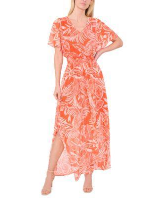 CeCe Womens Tropical-Print Smocked-Waist Flutter-Sleeve Maxi Dress Product Image