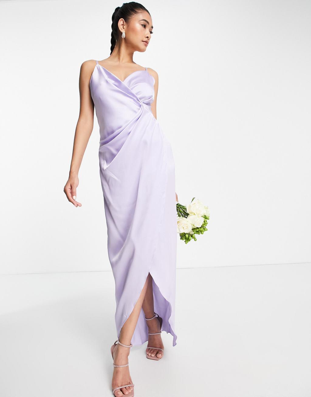 Liquorish Bridesmaid cami strap satin wrap maxi dress in dreamy blue  Product Image