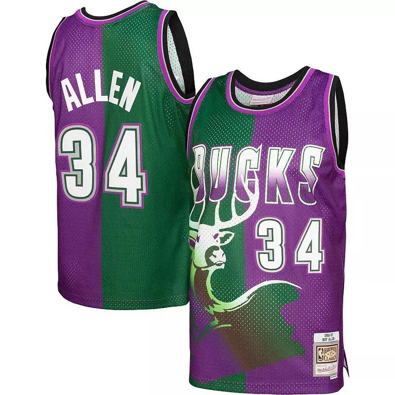 Mens Mitchell & Ness Ray Allen /Purple Milwaukee Bucks Hardwood Classics 1996-97 Split Swingman Jersey Product Image