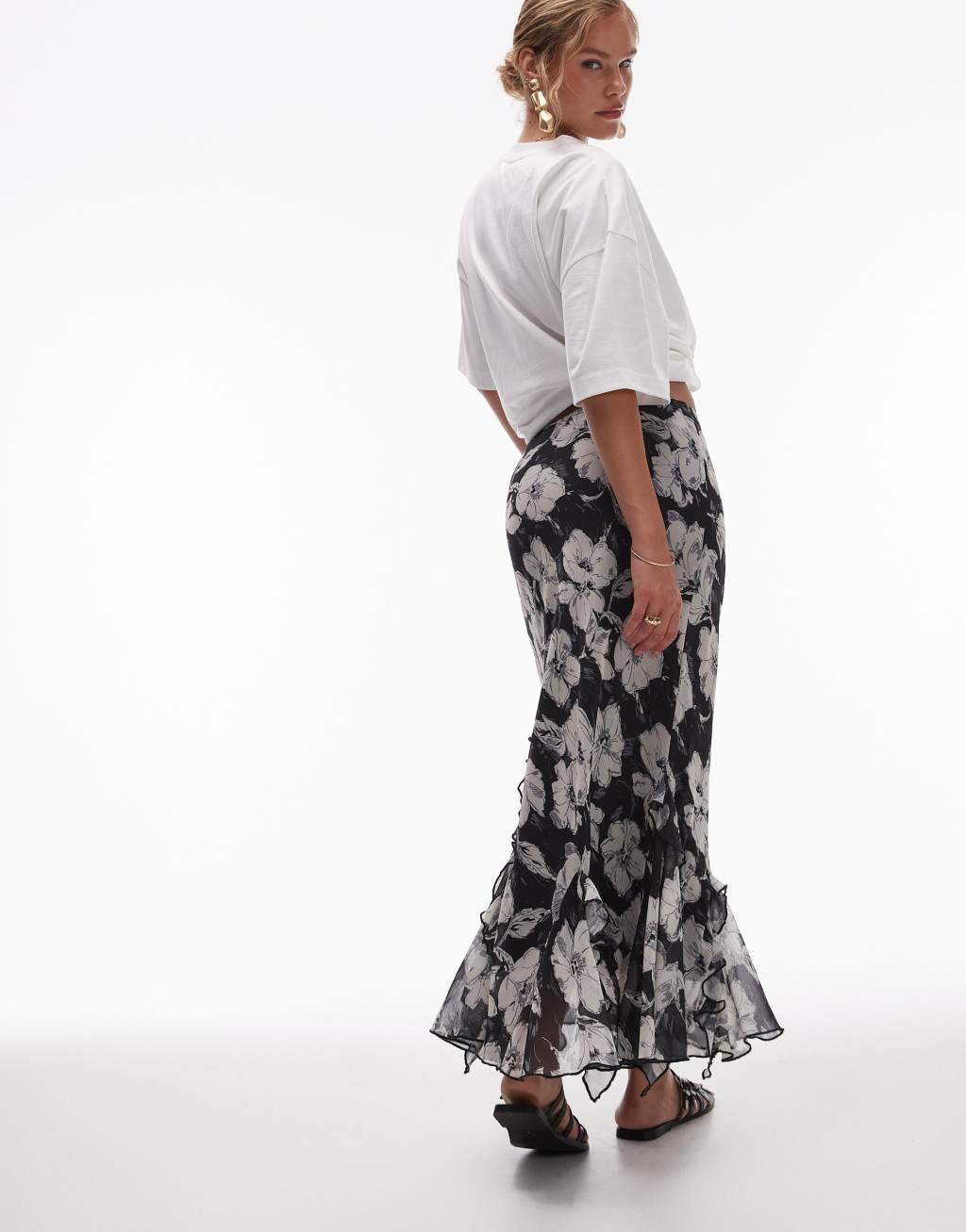 Topshop sketched vintage floral godet skirt in monochrome Product Image