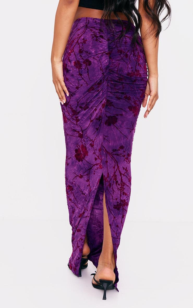 Purple Printed Soft Touch Devore Ruched Side Maxi Skirt Product Image