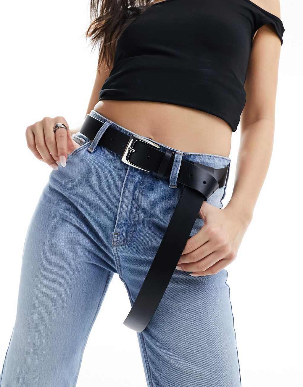 ASOS DESIGN rectangular buckle long boyfriend belt in black  Product Image