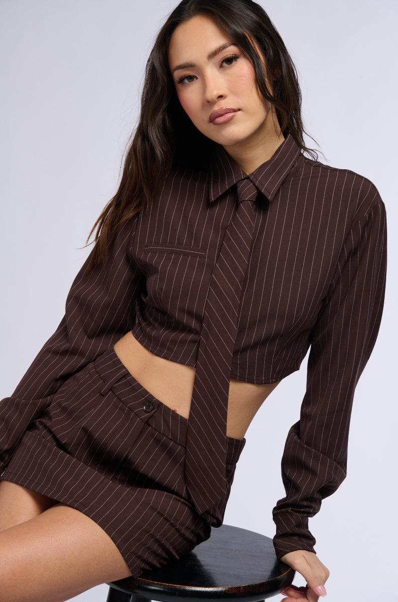 STRAIGHT TO BUSINESS PINSTRIPE TIE DETAIL CROP BLOUSE IN BROWN Product Image