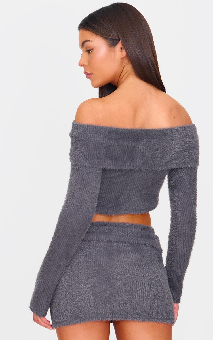 Charcoal Fluffy Textured Asymmetric Fold Over Bardot Top Product Image