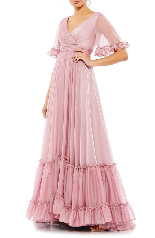 Mac Duggal Womens Butterfly Ruffle Trimmed Sleeve Wrap Over Flowy Gown Product Image