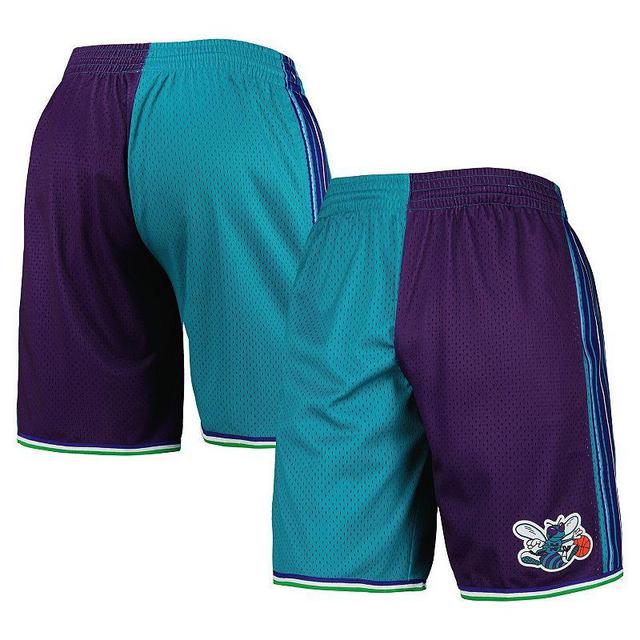 Mens Mitchell & Ness Teal/Purple Charlotte Hornets Hardwood Classics 1999 Split Swingman Shorts Product Image