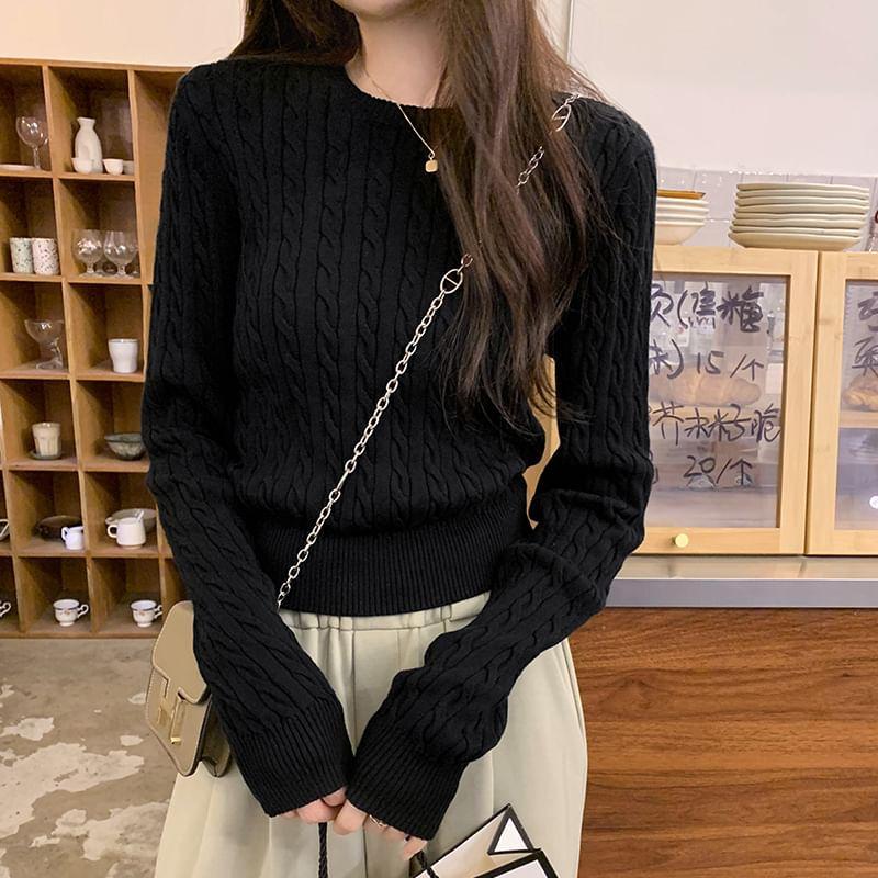 Round Neck Plain Cable Knit Cropped Sweater Product Image