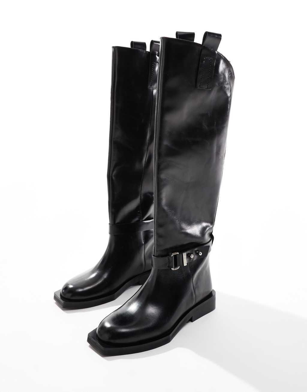 ASOS EDITION premium leather over the knee riding boots in black Product Image