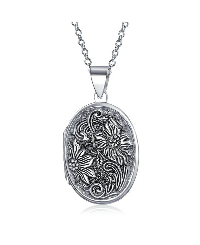 Embossed Scroll Floral Flower Sunflower Photo Oval Lockets Necklace Pendant For Women That Hold Pictures Oxidized .925 Sterling Silver Large - Silver Product Image