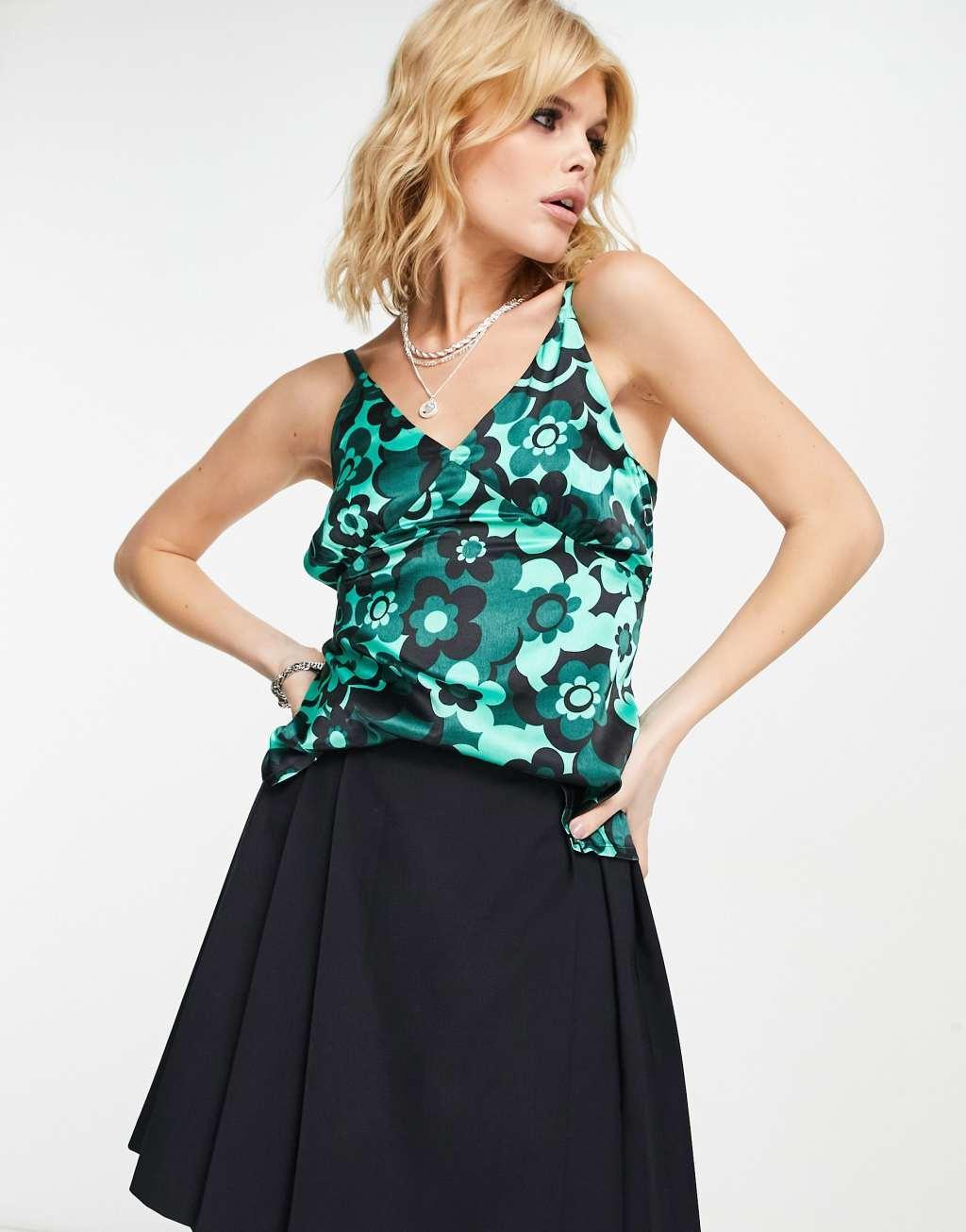 Violet Romance satin cami top in green floral print - part of a set Product Image