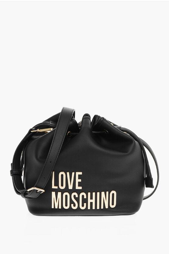 MOSCHINO Love Faux Leather Bucket Bag With Golden Maxi Logo In Black Product Image