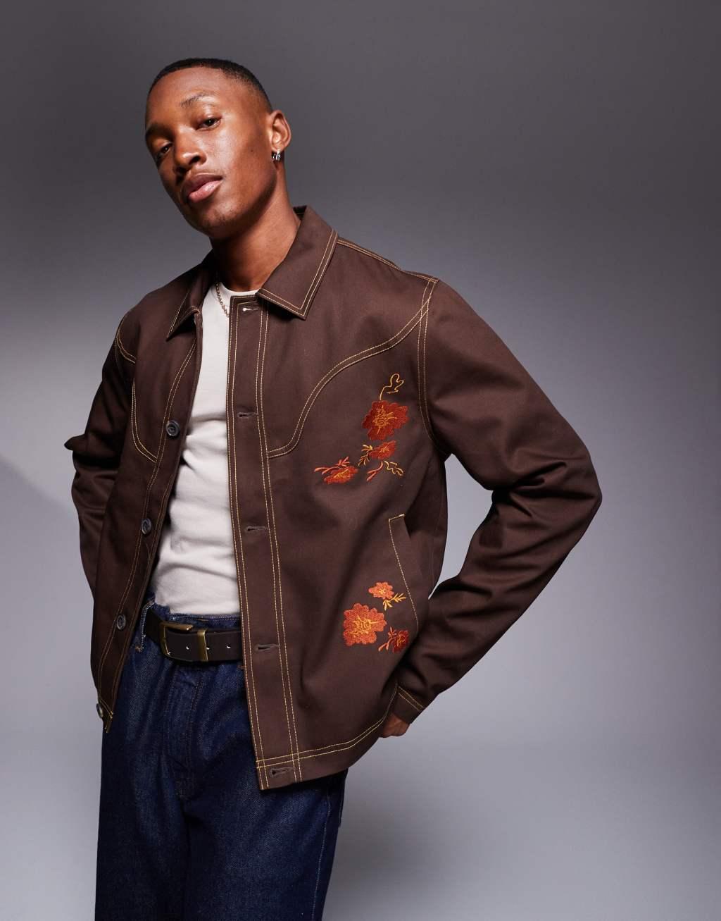 ASOS DESIGN embroidered harrington jacket in brown Product Image