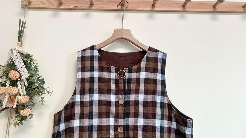 Crew Neck Plaid Button-Up Slit Long Vest Product Image