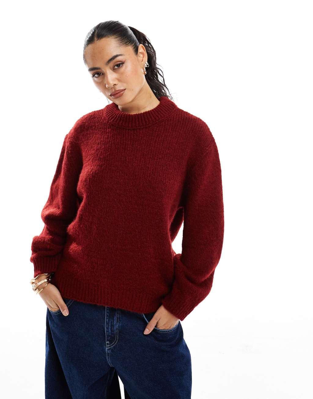 ASOS DESIGN oversized crew neck sweater in burgundy Product Image