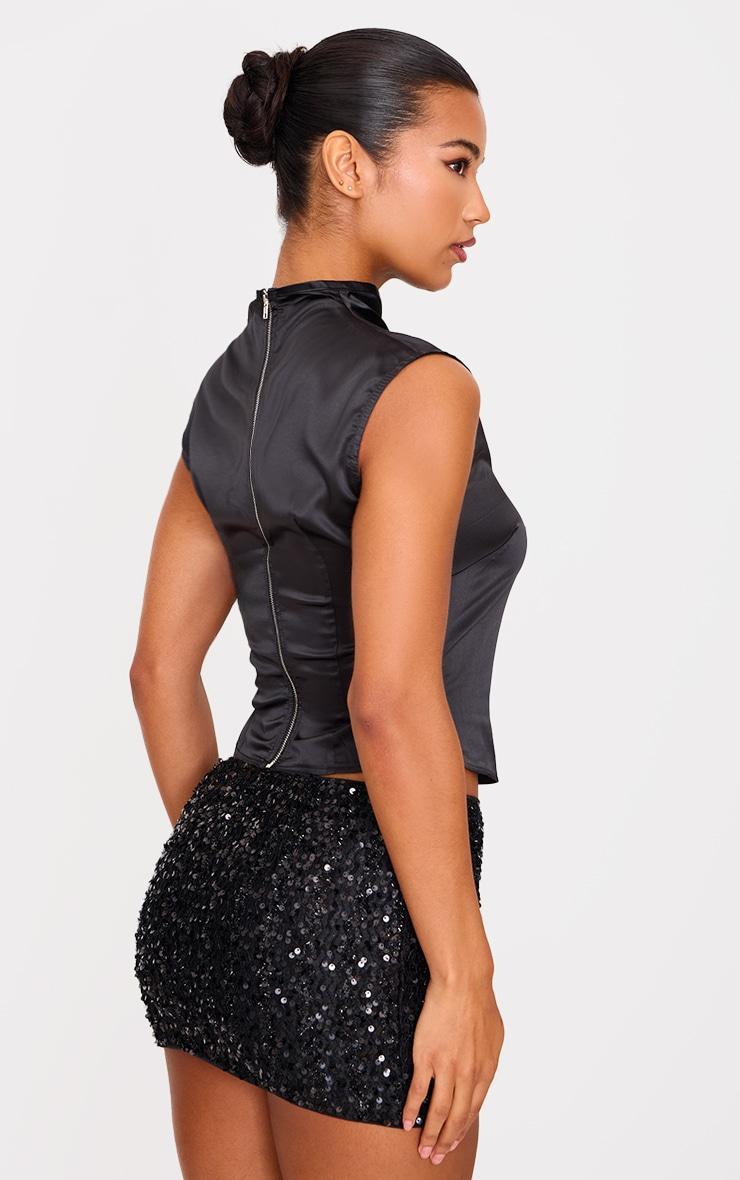 Black Satin High Neck Cut Out Long Top Product Image