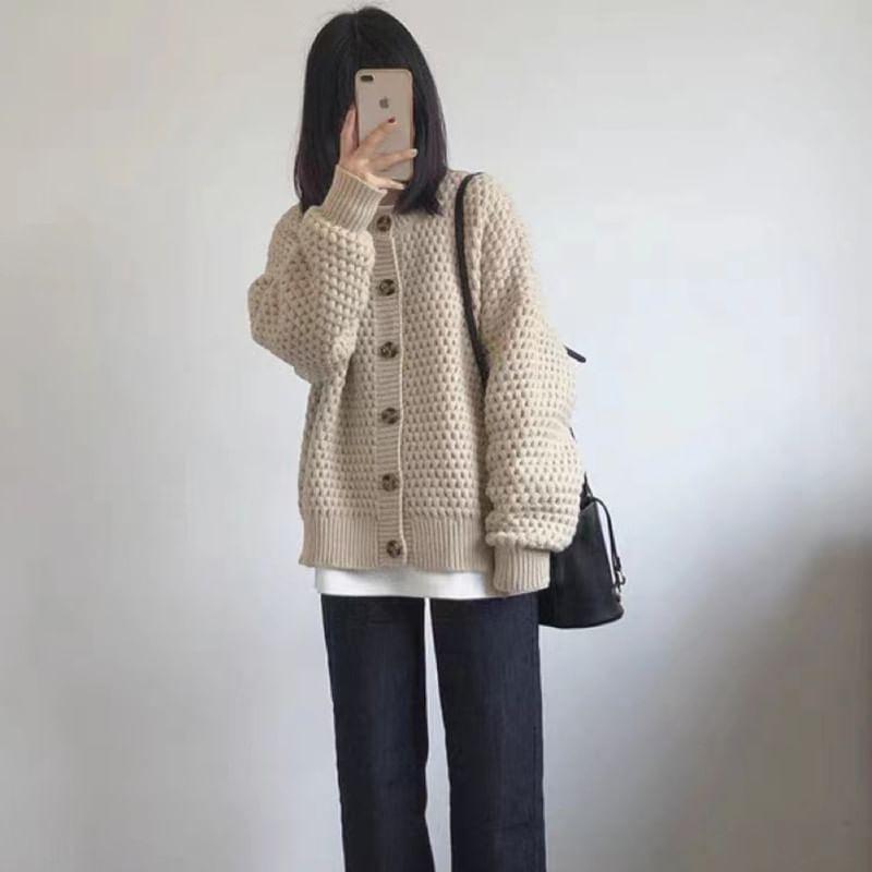 Round Neck Plain Cardigan Product Image