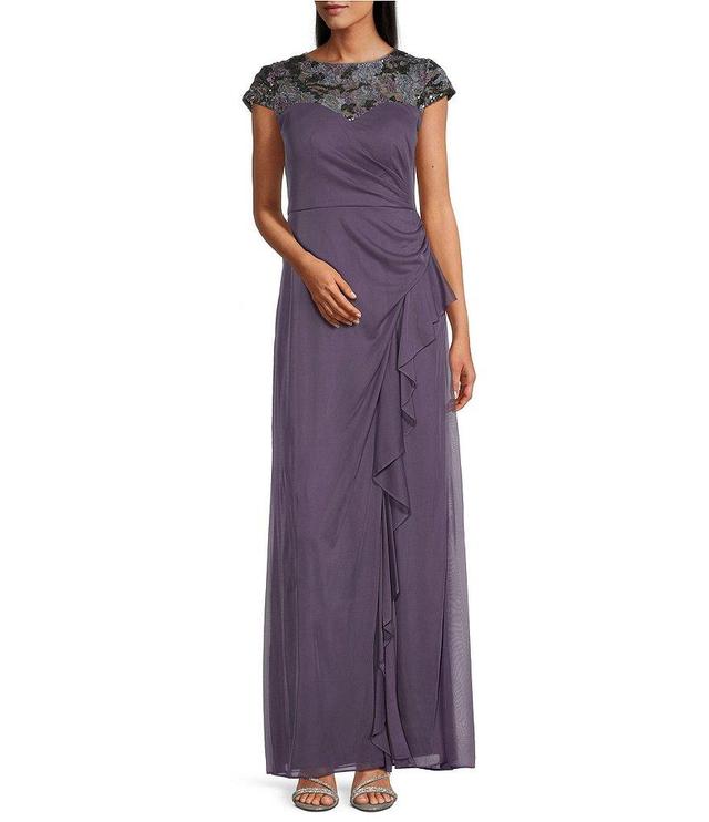 Alex Evenings Cap Sleeve Embroidered Sweetheart Illusion Neck Cascade Ruffle Gown Product Image