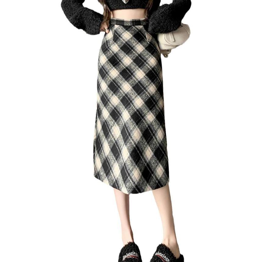 High Waist Plaid Midi A-Line Skirt Product Image