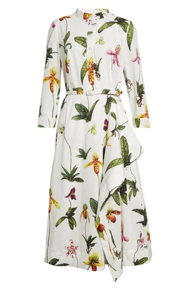 OSCAR DE LA RENTA Orchid Print Stretch Cotton Shirtdress In White Multi Product Image