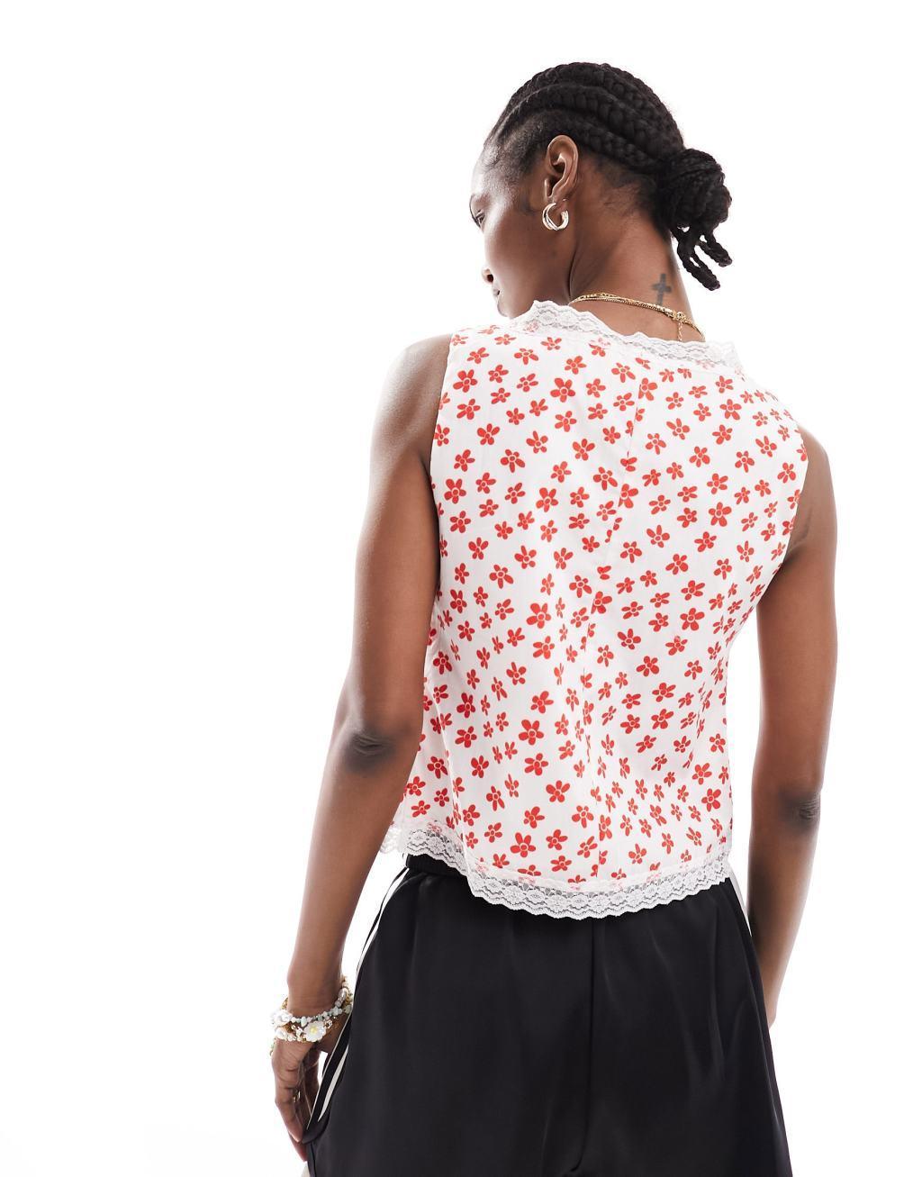 Glamorous corset detail tie front top with lace trim in red daisy print Product Image