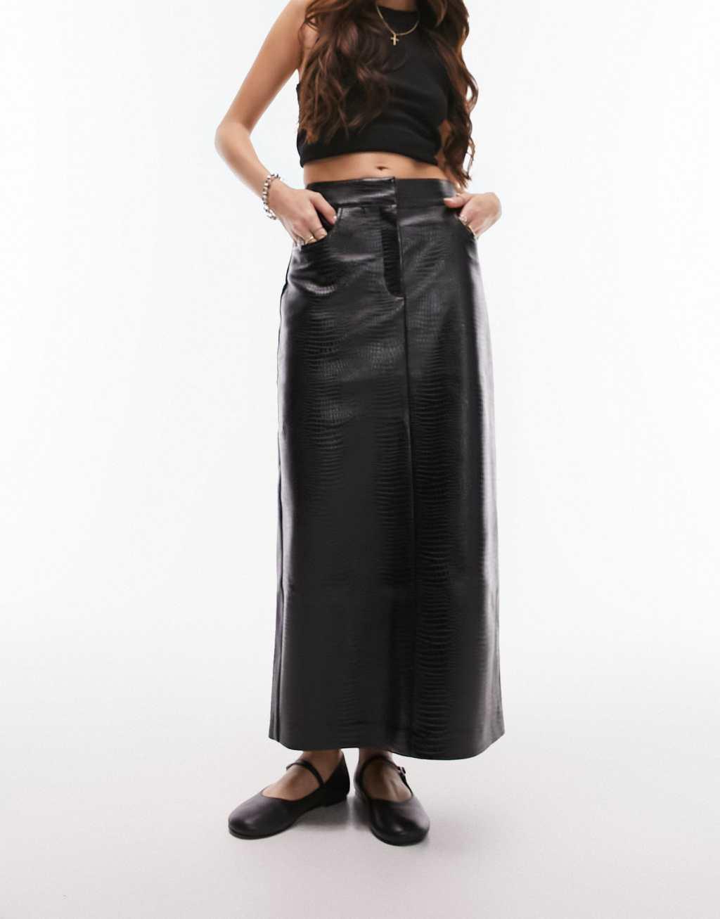 Topshop leather look midi skirt in black snake print  Product Image