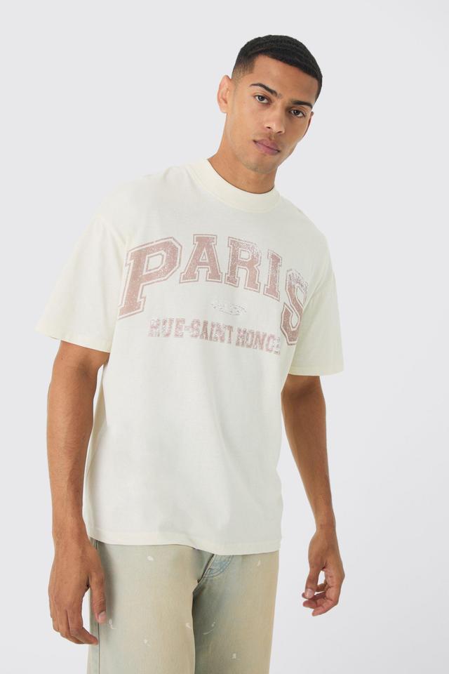 Mens Cream Oversized Extended Neck Boxy Paris Print T-Shirt, Cream Product Image