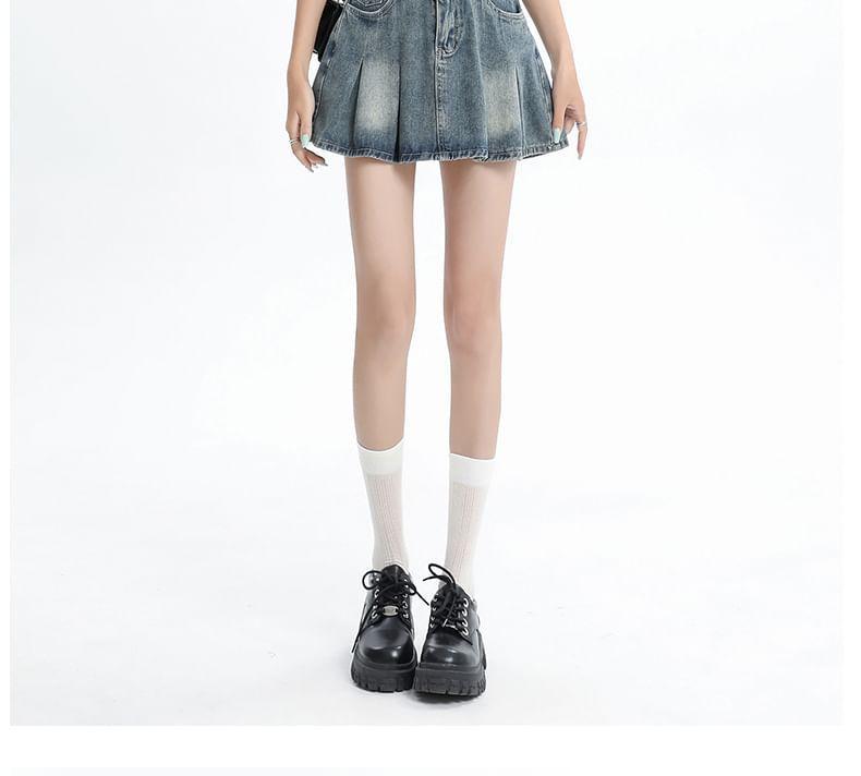 High Waist Washed Pleated Mini A-Line Denim Skirt Product Image