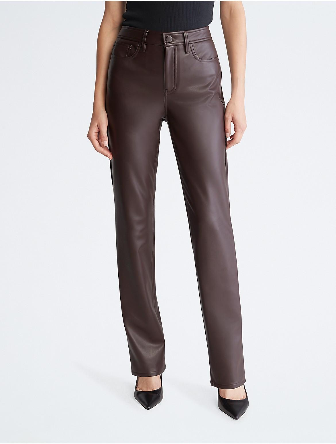 Calvin Klein Womens Faux Leather Straight Leg Pants - Brown - 0 Product Image