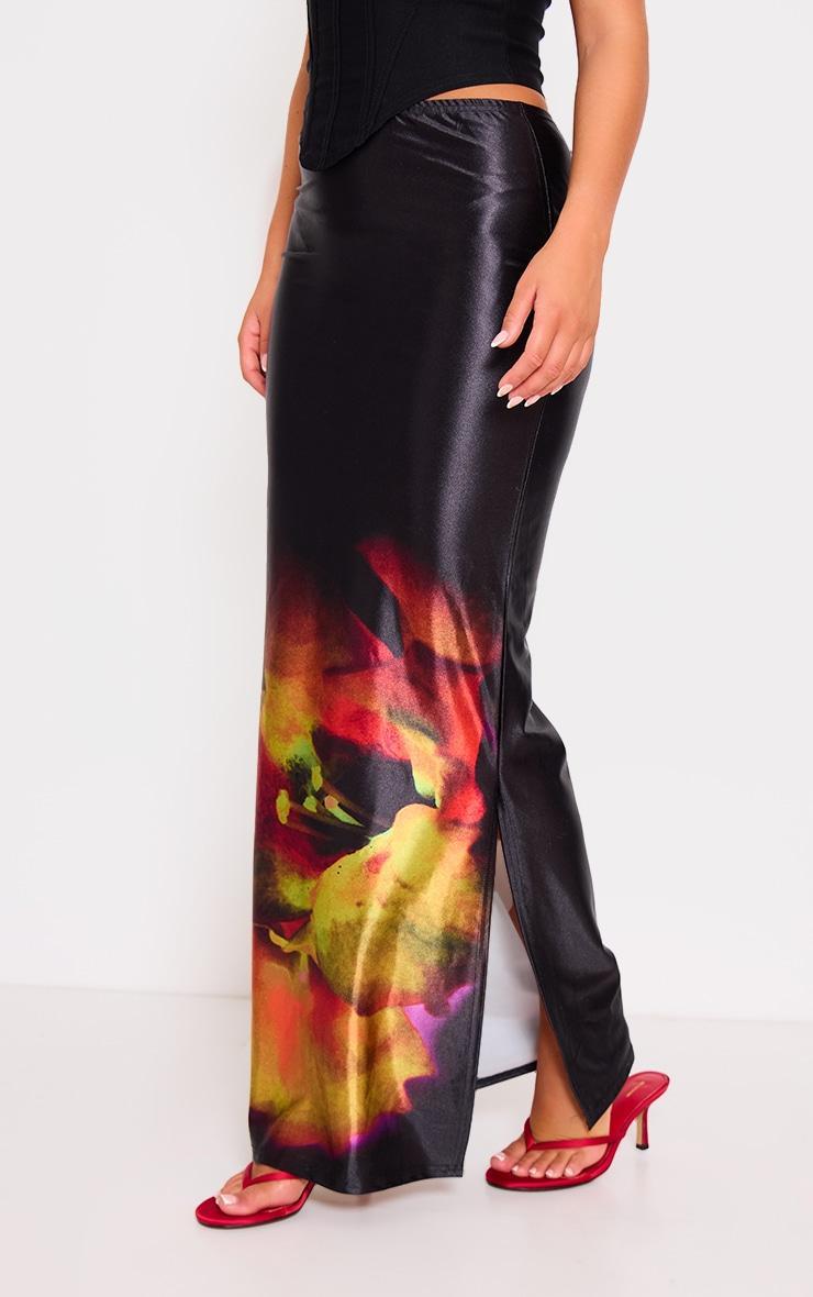 Black Floral Blur Print Stretch Satin Maxi Skirt Product Image