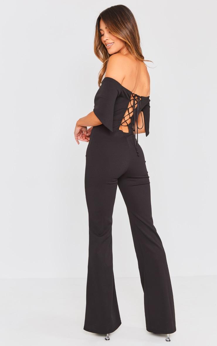 Black Off Shoulder Jumpsuit Lace Up Back Product Image