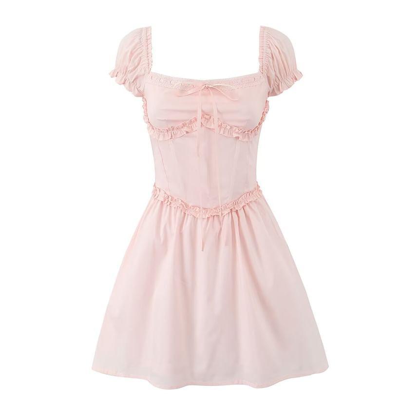 Short-Sleeve Square Neck Frill Trim A-Line Dress Product Image