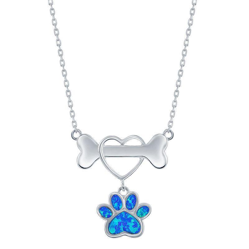 Sterling Silver Lab-Created Blue Opal Heart Dog Bone Necklace, Womens Product Image