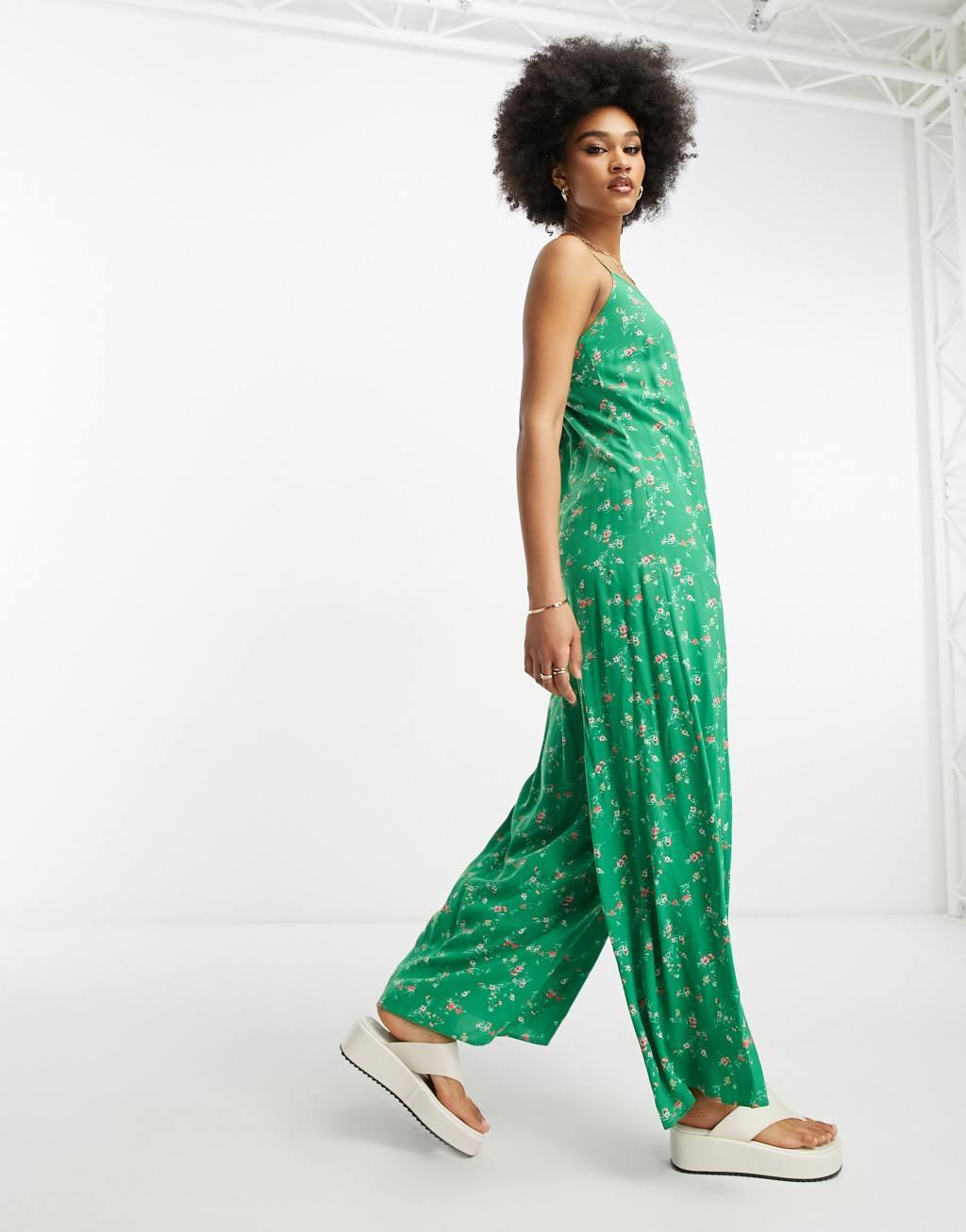 ASOS DESIGN Tall strappy culotte jumpsuit in green floral print Product Image