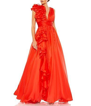 Womens Ruffle Shoulder V-Neck Gown Product Image