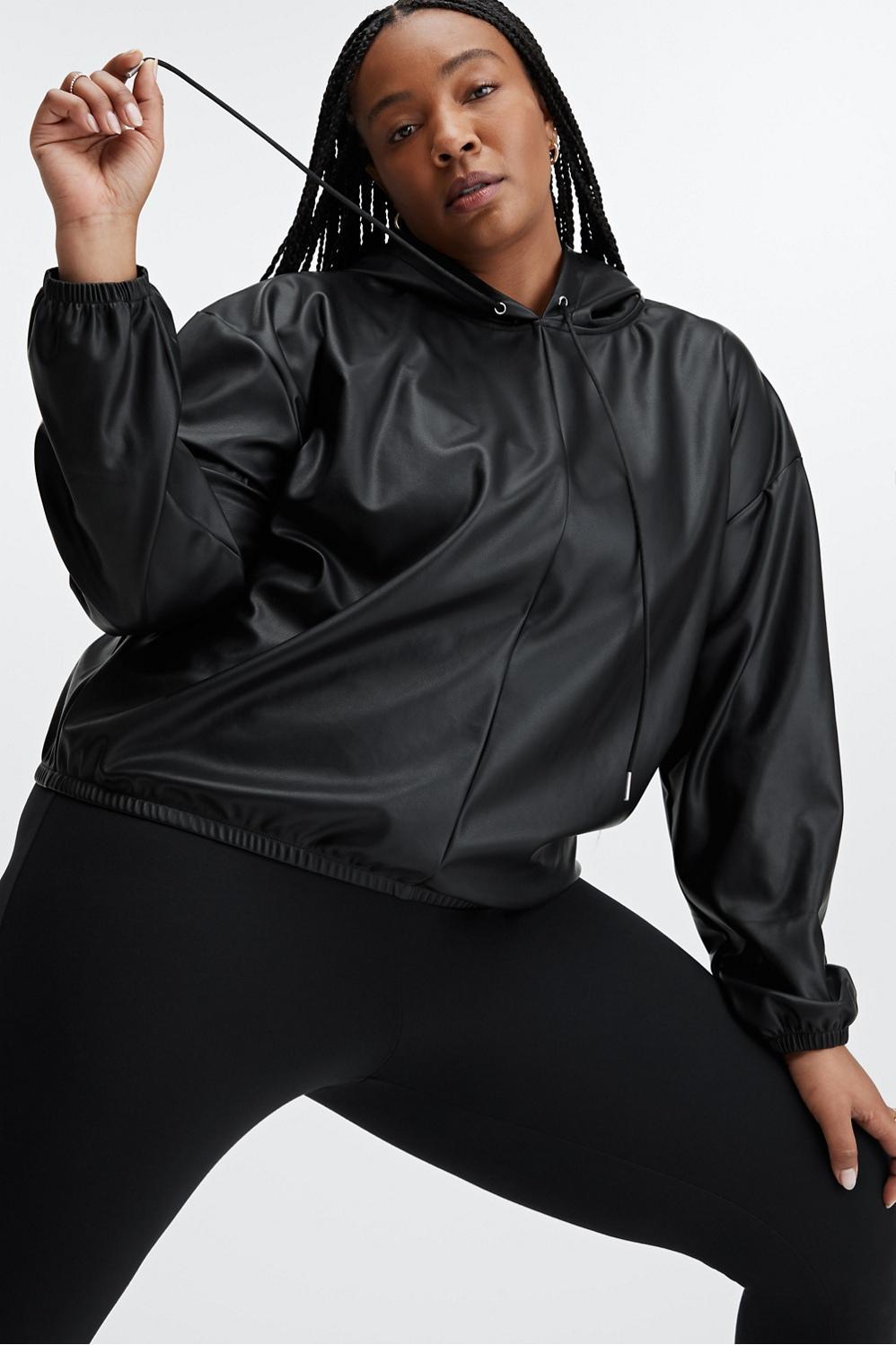 Fabletics Vegan Leather Hoodie Womens black plus Size 1X Product Image