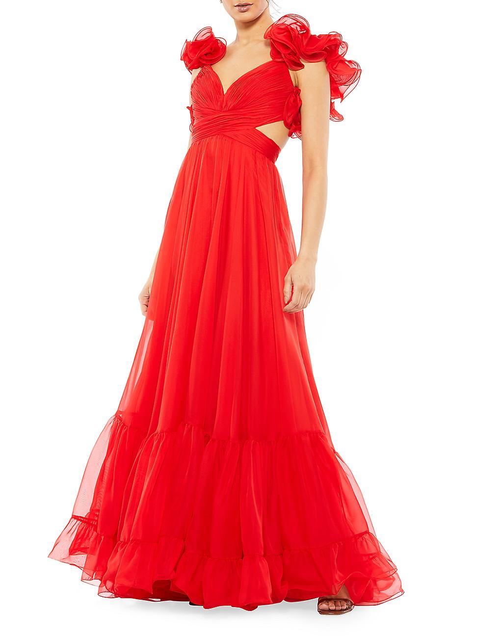 Ieena Mac Duggal Chiffon V-Neck Sleeveless Cut-Out Strappy Back Detail Tiered Ruffle Hem Gown Product Image