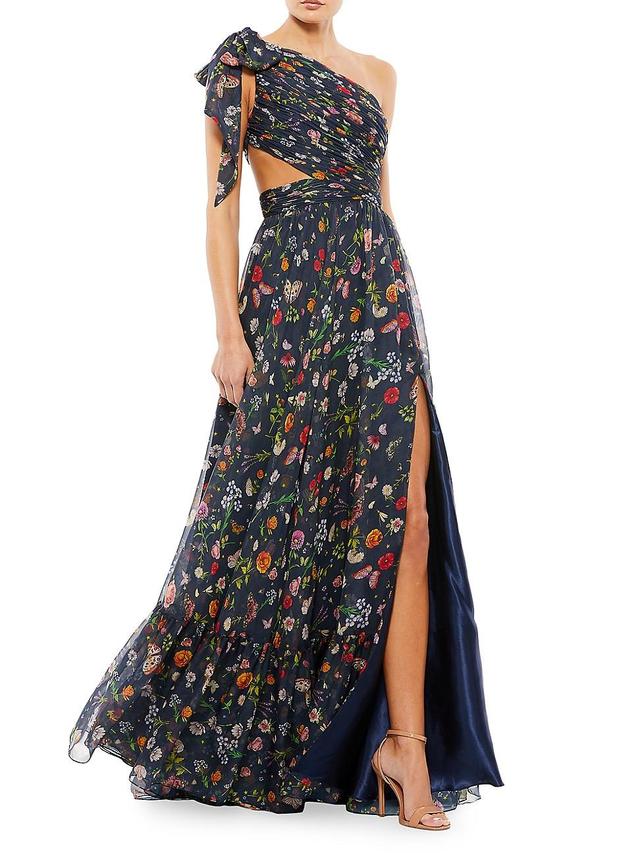 Ieena for Mac Duggal Tied One Shoulder Cut-Out Flowy Gown Product Image