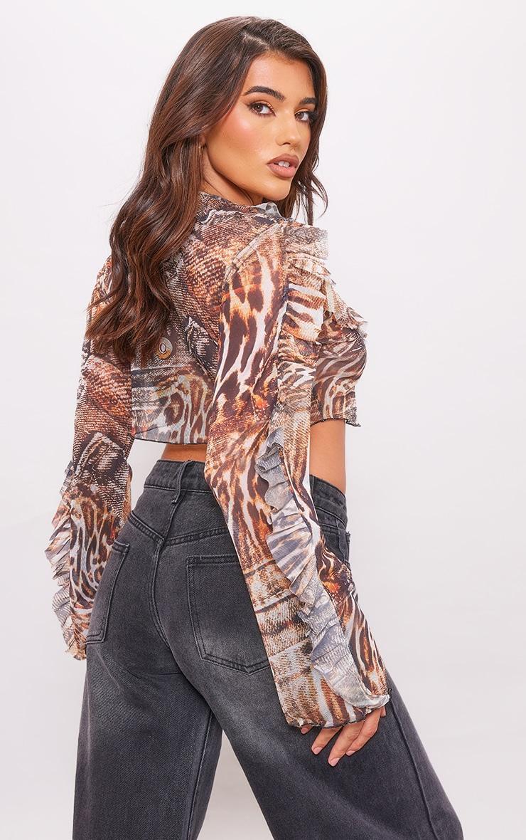 Brown Animal Printed Mesh Tiered Tie Front Top Product Image