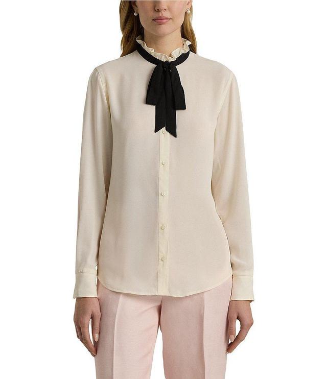 Lauren Ralph Lauren Nerlacey Bow Ruffle Neck Long Sleeve Button Front Blouse Product Image