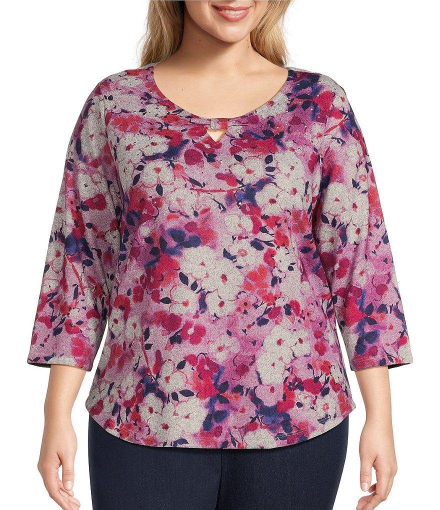 Allison Daley Plus Size Apple Blooms Print 3/4 Sleeve Keyhole Neck Knot Knit Top Product Image