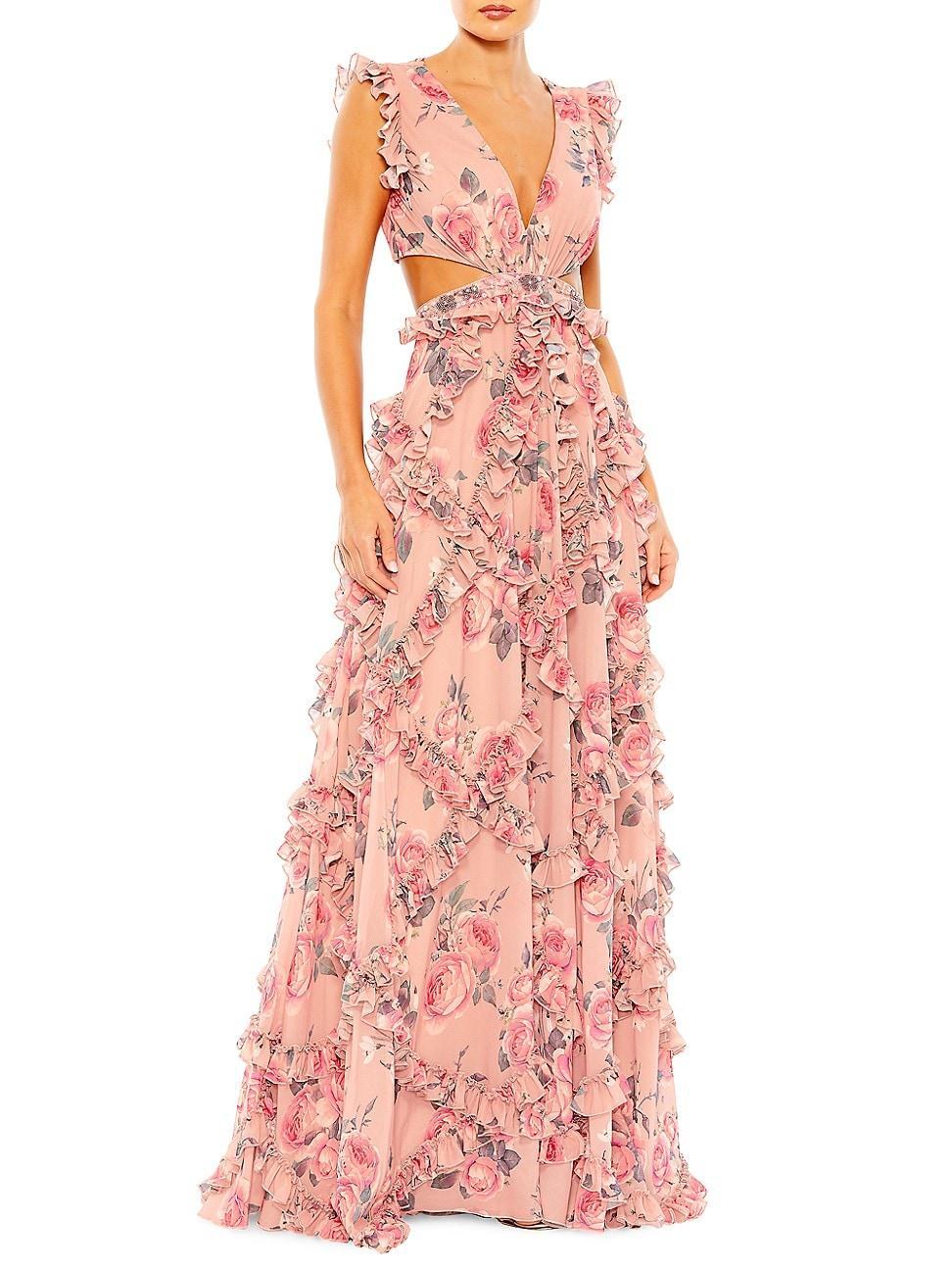 Womens Floral Chiffon Cut-Out Gown Product Image