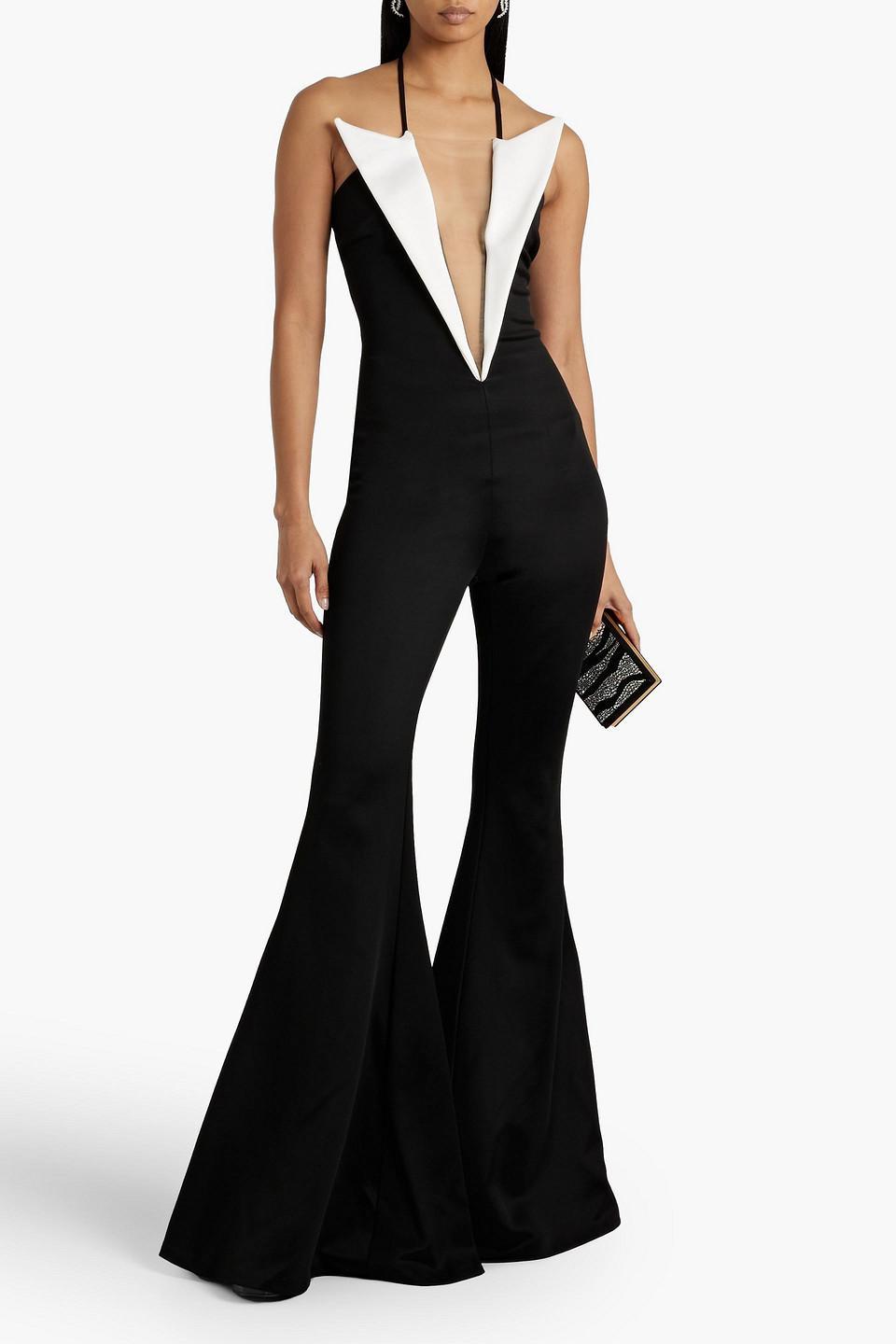 Tulle-paneled Jersey Wide-leg Halterneck Jumpsuit In Black Product Image