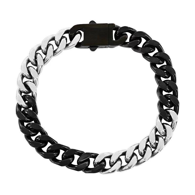 Metallo Stainless Steel Black and Silver 10mm Cuban Link Bracelet, Mens Product Image