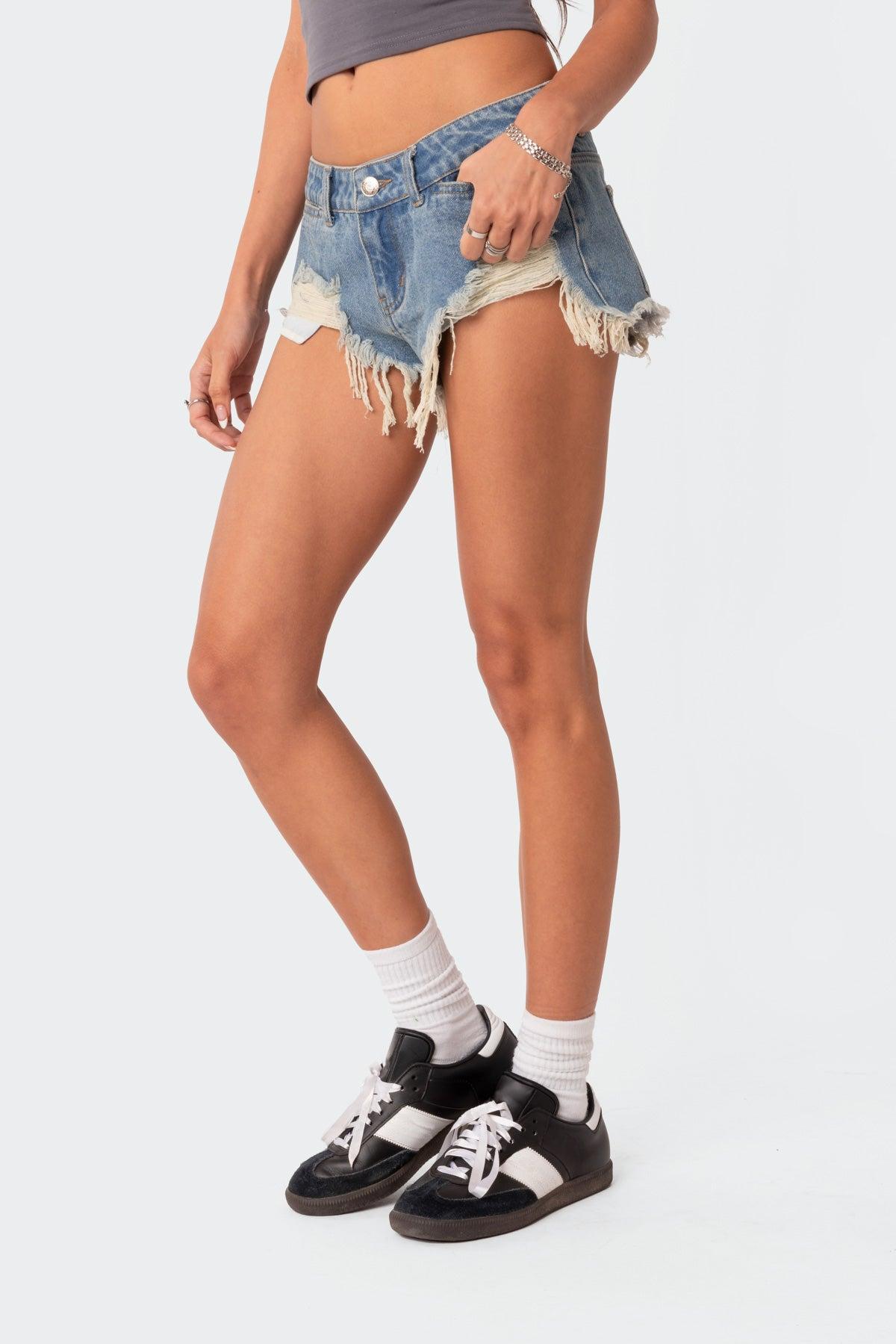 Low Rise Distressed Micro Denim Shorts Product Image