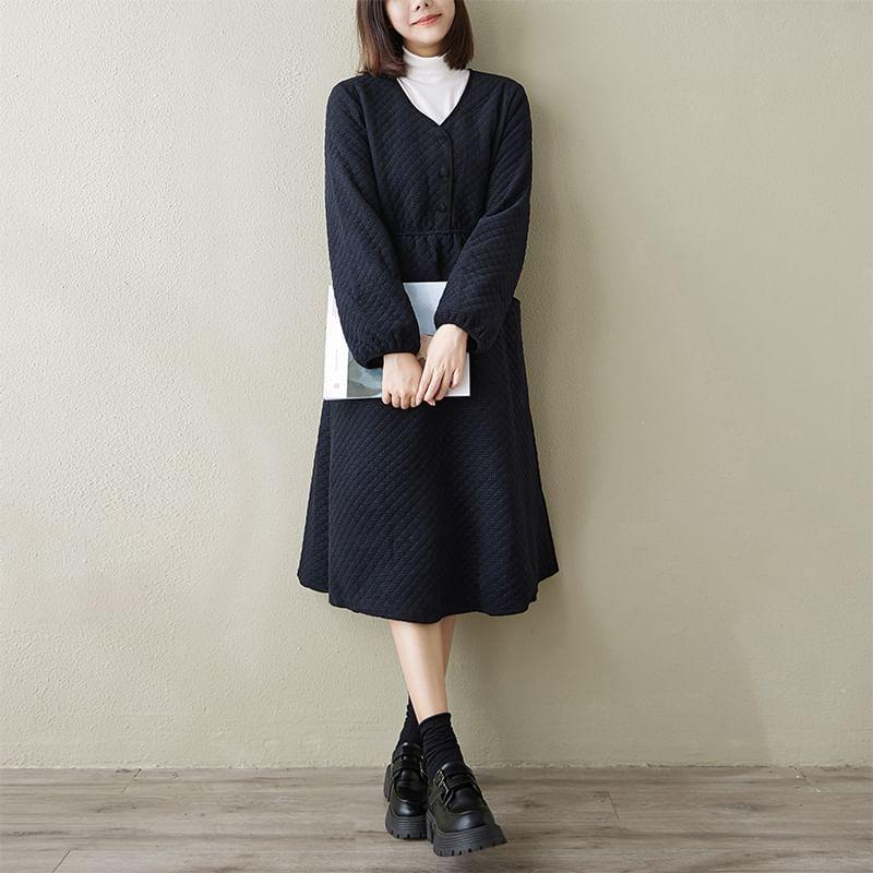 Long-Sleeve V-Neck Plain Quilted Half-Buttoned Midi A-Line Dress Product Image